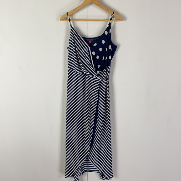 Vince Camuto Wrap Midi Dress in Navy/White; Polka Dot and Stripes - Picture 15 of 16
